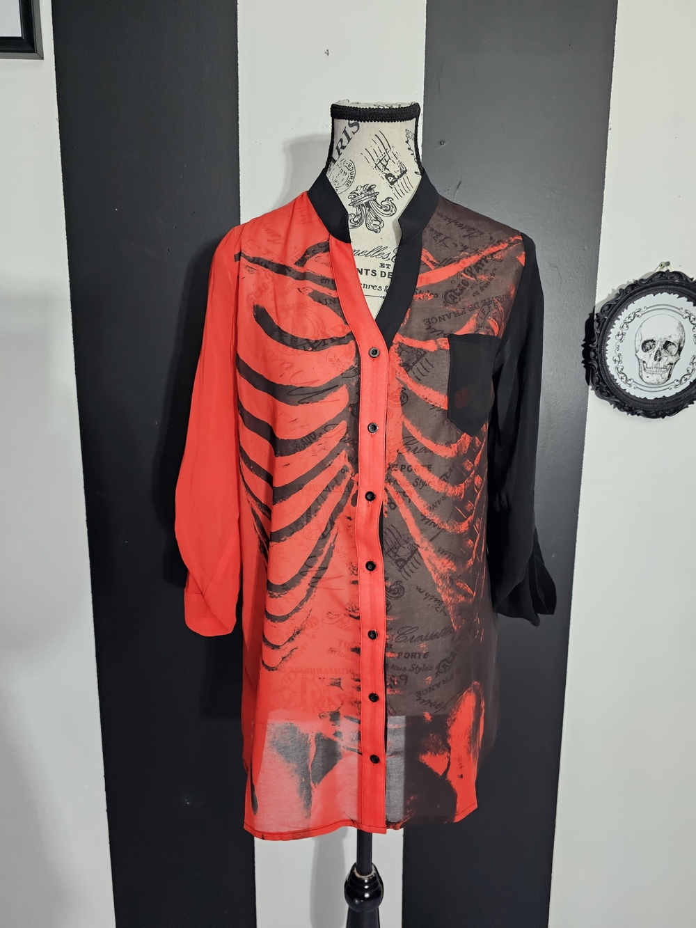 Iron Fist Red and Black Skeleton Print Button-Up Shirt